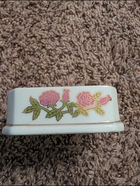 White Ceramic Trinket Dish with Pink Rose Motif